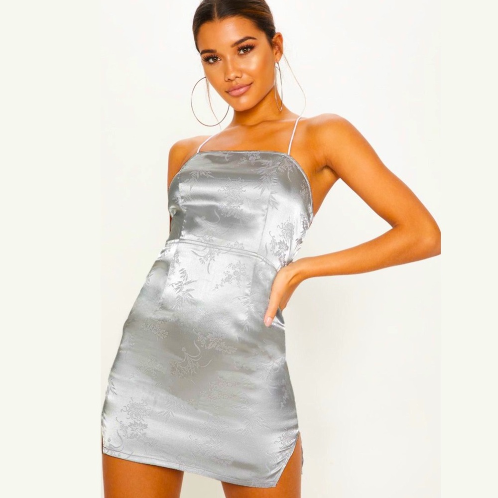 PLT Silver Satin Mixed print Lace Up Backless Bodycon Dress size 4